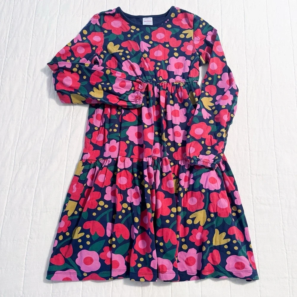 Hanna Andersson Girls Rosey Posey Floral Dress 140 US 10 Cotton Long Sleeve